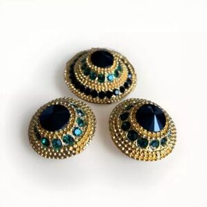 Vintage Gold Tone Round Domed Green Rhinestone Clip On Earrings & Brooch Set Pin